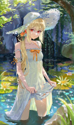 Rule 34 | 1girl, absurdres, armband, artist name, bare shoulders, blonde hair, clothes lift, commentary, commission, dress, dress lift, english commentary, flower, frilled armband, frilled dress, frills, hair flower, hair ornament, hat, highres, lifted by self, lily pad, long hair, original, outdoors, parted lips, red eyes, sleeveless, sleeveless dress, solo, sssong aa, standing, strap slip, sun hat, sundress, teeth, tree, wading, water, water drop, water lily flower, watermark, wet, white dress, white flower, white hat