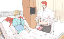Rule 34 | 2boys, alternate costume, bandages, beard, bed, blonde hair, blue eyes, boku no hero academia, couple, deavor lover, facial hair, feathered wings, feathers, hawks (boku no hero academia), hospital bed, hospital gown, injury, large pectorals, male focus, manly, multiple boys, mustache, pectorals, red hair, scar, spiked hair, endeavor (boku no hero academia), upper body, wings