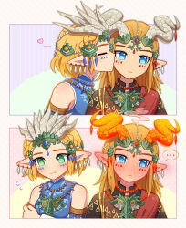 Rule 34 | ..., 1boy, 1girl, :3, bead necklace, beads, blonde hair, blue shirt, blush, border, braid, brown shirt, closed eyes, closed mouth, commentary, crown braid, detached sleeves, ear blush, earrings, ember set (zelda), enni, expressionless, eyelashes, flying sweatdrops, frostbite set (zelda), full-face blush, green background, green eyes, grey border, grey horns, hair beads, hair ornament, heart, highres, horns, jewelry, kiss, kissing cheek, light frown, link, long hair, multiple earrings, multiple views, necklace, nintendo, outside border, pink background, pointy ears, polka dot, polka dot background, princess zelda, profile, purple background, shirt, short hair, sidelocks, single braid, sleeveless, sleeveless shirt, smile, speech bubble, spoken ellipsis, steam, striped, striped background, the legend of zelda, the legend of zelda: tears of the kingdom, yellow background