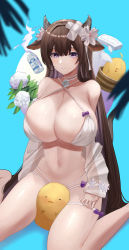 Rule 34 | 1girl, 2others, absurdres, ahoge, animal ears, arms at sides, azur lane, bare shoulders, between legs, bikini, bird, blue background, blunt bangs, blush, bottle, breasts, brown hair, bucket, chick, cleavage, closed eyes, cow ears, cow girl, cow horns, cow tail, detached sleeves, facing viewer, feet out of frame, flower, food, hair flower, hair ornament, hair ribbon, halterneck, highres, horns, huge breasts, ice cream, kashino (azur lane), kashino (hot springs relaxation) (azur lane), long hair, looking at viewer, manjuu (azur lane), milk, milk bottle, multi-strapped bikini bottom, multiple others, navel, nervous, official alternate costume, purple eyes, ribbon, see-through, see-through sleeves, side-tie bikini bottom, simple background, sitting, soap, solo focus, swimsuit, tail, tears, thighs, very long hair, wariza, white bikini, white flower, white ribbon, yofo