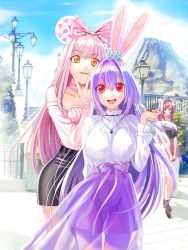 Rule 34 | 3girls, alternate costume, animal ears, bag, black skirt, bow, breasts, casual, cat ears, choker, cloud, cloudy sky, fate/grand order, fate (series), fence, frown, hair between eyes, hair bow, highres, holding, holding bag, jewelry, lamppost, large breasts, long skirt, long sleeves, looking at viewer, medb (fate), miniskirt, mountain, mouse ears, multiple girls, n morninglight, outdoors, pavement, pendant, pink bow, pink hair, purple hair, rabbit ears, red eyes, scathach (fate), scathach skadi (fate), scathach skadi (under the same sky) (fate), see-through, skirt, sky, smile, sweater, yellow eyes
