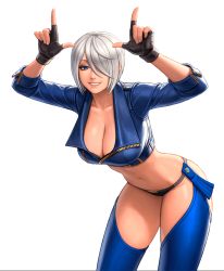 Rule 34 | 1girl, angel (kof), blue eyes, breasts, cleavage, fingerless gloves, gloves, hair over one eye, large breasts, navel, revealing clothes, smile, snk, the king of fighters, the king of fighters all-stars