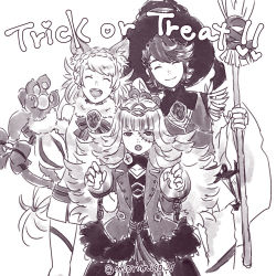 Rule 34 | 1boy, 2girls, alfonse (fire emblem), animal ears, animal hands, bell, bow, broom, cat ears, cat paws, cat tail, chain, closed eyes, cosplay, crown, cuffs, fire emblem, fire emblem heroes, frankenstein&#039;s monster (cosplay), greyscale, halloween, halloween costume, handcuffs, hat, insarability, long hair, monochrome, multiple girls, nintendo, open mouth, sharena (fire emblem), short hair, simple background, skirt, smile, tail, tail bell, tail bow, tail ornament, trick or treat, veronica (fire emblem), white background