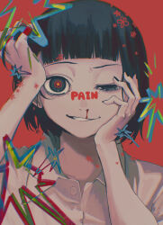 Rule 34 | 1girl, black hair, blood, blue eyes, blunt bangs, collared shirt, donutshole13, flower-shaped pupils, hands up, highres, looking at viewer, nosebleed, one eye closed, original, parted lips, portrait, red background, red pupils, shadow, shirt, short hair, smile, solo, symbol-shaped pupils, tears, white shirt