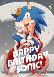 Rule 34 | 1boy, 2023, animal ears, animal nose, anniversary, artist name, blue fur, blue gemstone, blush, cape, confetti, crown, fang, floor, fur-trimmed cape, fur trim, furry, furry male, gem, gloves, green eyes, grey background, hand up, happy birthday, hedgehog, hedgehog ears, iiimirai, leg up, looking at viewer, male focus, one eye closed, pink gemstone, red cape, red footwear, red gemstone, reflection, reflective floor, shadow, shoes, sitting, smile, sneakers, socks, solo, sonic (series), sonic the hedgehog, sparkle, teeth, white gloves, white socks