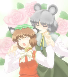 Rule 34 | 2girls, animal ears, biting, bow, brown hair, cat ears, cat girl, cat tail, chen, ear biting, eargasm, earrings, fang, female focus, flower, grey hair, hat, jewelry, mouse ears, mouse tail, multiple girls, nazrin, pendant, satsuki hare shin, satsuki harunobu, short hair, tail, touhou, uncommon stimulation