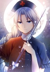 Rule 34 | 1girl, arrow (projectile), backlighting, blue dress, blue eyes, braid, breasts, cross print, dress, expressionless, frilled sleeves, frills, full moon, glowing arrow, hat, holding, holding arrow, kaede (mmkeyy), large breasts, light particles, long hair, looking at viewer, moon, moonlight, multicolored clothes, multicolored dress, nurse cap, parted bangs, red dress, short sleeves, single braid, sky, solo, touhou, turtleneck, upper body, very long hair, yagokoro eirin