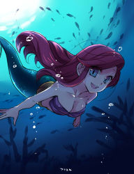 Rule 34 | 1girl, :d, ariel (disney), blue eyes, breasts, bubble, cleavage, disney, fish, gradient background, highres, japanese text, kokuchuutei, long hair, looking at viewer, mermaid, monster girl, open mouth, red hair, shell, shell bikini, smile, solo, the little mermaid, translated, underwater