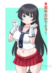 Rule 34 | 1girl, agano (kancolle), anchor symbol, anniversary, asymmetrical legwear, black hair, breasts, commentary request, cowboy shot, closed eyes, garter straps, gloves, green eyes, kantai collection, large breasts, long hair, masara (chuujou), midriff, necktie, one-hour drawing challenge, pleated skirt, red skirt, school uniform, serafuku, shirt, skirt, sleeveless, sleeveless shirt, solo, standing, uneven legwear, white gloves