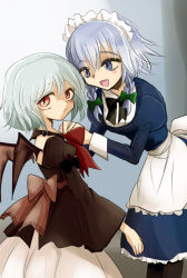Rule 34 | 2girls, alternate costume, bat wings, black legwear, blue dress, blue eyes, dress, izayoi sakuya, light purple hair, long sleeves, looking at another, looking at viewer, looking to the side, maid, multiple girls, open mouth, puffy long sleeves, puffy sleeves, red eyes, remilia scarlet, shima (pixiv), silver hair, skirt, skirt set, slit pupils, touhou, wings