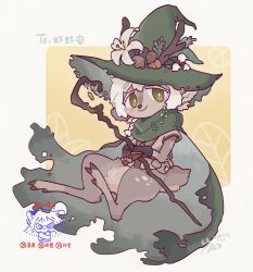 Rule 34 | 1other, antlers, artist name, brown fur, cape, deer, deer antlers, flower, full body, furry, green cape, green eyes, green hat, hat, hat flower, highres, holding, holding staff, horns, hua hua de meme, lily (flower), looking at viewer, original, short hair, signature, smile, solo, staff, watermark, white hair, witch hat, yellow background