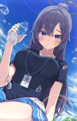 Rule 34 | 1girl, absurdres, black shirt, blue archive, blue eyes, blue jacket, blush, bottle, breasts, closed mouth, day, facial mark, halo, highres, holding, holding bottle, icetea774, id card, jacket, lanyard, large breasts, long hair, looking at viewer, mechanical halo, official alternate costume, outdoors, partially unzipped, ponytail, purple hair, shirt, short sleeves, smile, solo, star (symbol), track jacket, water drop, yuuka (blue archive), yuuka (track) (blue archive)