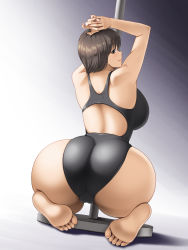 Rule 34 | 1girl, ass, breasts, brown hair, competition swimsuit, female focus, hands on own head, huge ass, kawanuma uotsuri, large breasts, looking back, one-piece swimsuit, original, pole, short hair, smile, solo, swimsuit
