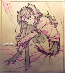 Rule 34 | 1girl, bad id, bad pixiv id, bed, colored pencil (medium), fate/stay night, fate (series), no shoes, sitting, solo, takeluuu, thighhighs, tohsaka rin, traditional media, two side up