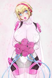 Rule 34 | 1girl, aegis (persona), artist request, blonde hair, blue eyes, blush, bouquet, breasts, bridal veil, flower, head tilt, highres, joints, large breasts, lips, lipstick, makeup, persona, persona 3, ribbon, robot joints, short hair, source request, veil