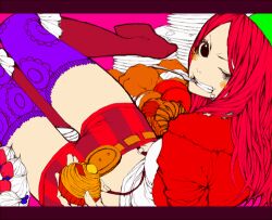 Rule 34 | 1girl, akizuki hakuto, belt, boots, cake, commentary request, eating, food, from above, hat, holding, holding cake, holding food, jacket, jewelry bonney, letterboxed, long hair, lowres, meat, one eye closed, one piece, plate, purple thighhighs, red jacket, short shorts, shorts, solo, thigh boots, thighhighs