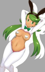 Rule 34 | 1girl, animal ears, arms behind head, blush, bow, bowtie, breasts, creatures (company), dark-skinned female, dark skin, fake animal ears, game freak, green eyes, green hairband, hairband, heart, heart pasties, looking at viewer, low twintails, mallow (pokemon), medium breasts, meme attire, navel, nintendo, pasties, pokemon, pokemon sm, reverse bunnysuit, reverse outfit, simple background, solo, tof, twintails, upper body
