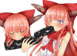 Rule 34 | 1girl, blunt bangs, blush, bow, breasts, brown eyes, buta (uhoiiotoko), closed eyes, commentary request, ehoumaki, fellatio, food, hair bow, horns, ibuki suika, long hair, makizushi, multiple views, neckerchief, one eye closed, open mouth, oral, orange hair, red bow, red neckerchief, shirt, sideboob, sidelocks, simple background, simulated fellatio, sleeveless, sleeveless shirt, small breasts, sushi, tongue, torn clothes, torn sleeves, touhou, upper body, very long hair, white background, white shirt