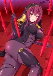 Rule 34 | 1girl, arm at side, armor, ass, blush, bodysuit, breasts, commentary request, covered erect nipples, eyelashes, fate/grand order, fate (series), field of blades, forehead jewel, from behind, gae bolg (fate), gem, grin, hair between eyes, highres, holding, holding polearm, holding spear, holding weapon, lance, large breasts, long hair, looking at viewer, looking back, lying, on side, open mouth, parted lips, pauldrons, planted, planted sword, planted weapon, polearm, ppshex, purple bodysuit, purple hair, red eyes, scathach (fate), shoulder armor, shoulder pads, signature, skin tight, skindentation, smile, solo, spear, sword, teeth, tile floor, tiles, turtleneck, veil, weapon