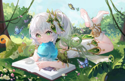 Rule 34 | 1girl, absurdres, arm support, barefoot, blue sky, book, box, bug, butterfly, closed mouth, commentary request, creature, cross-shaped pupils, day, dress, feet up, full body, fungi (genshin impact), genshin impact, gradient hair, grass, green eyes, green hair, green sleeves, hand on own cheek, hand on own face, highres, insect, long hair, looking at viewer, lying, multicolored hair, nahida (genshin impact), on stomach, open book, outdoors, plant, pointy ears, ponytail, scaramouche (cat) (genshin impact), scaramouche (genshin impact), signature, sky, slime (genshin impact), smile, soles, solo, stirrup legwear, symbol-shaped pupils, toeless legwear, tree, tujiu sama, vines, white dress, white hair