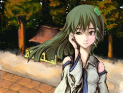 Rule 34 | 1girl, bare shoulders, detached sleeves, female focus, floating hair, forest, frog hair ornament, green eyes, green hair, haimen, hair ornament, hand in own hair, kochiya sanae, matching hair/eyes, nature, outdoors, plant, scenery, shrine, snake hair ornament, solo, touhou, tree, upper body, wind