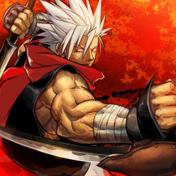 Rule 34 | 1boy, arc system works, bandages, blade, chipp zanuff, dual wielding, glowing, glowing eyes, guilty gear, holding, leaf, male focus, maple leaf, ninja, ookami (pixiv27280), red eyes, red scarf, scarf, solo, spiked hair, white hair