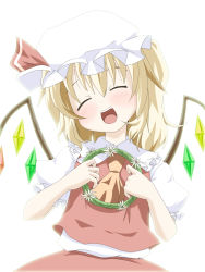 Rule 34 | 1girl, ascot, bad id, bad pixiv id, blonde hair, blush, crystal, closed eyes, female focus, flandre scarlet, hat, hat ribbon, highres, hujikok, open mouth, puffy sleeves, ribbon, short hair, short sleeves, side ponytail, solo, touhou, white background, wings