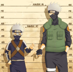 Rule 34 | 2boys, 3outchange, arm guards, fingerless gloves, forehead protector, gloves, hand in pocket, hatake kakashi, height chart, male focus, mask, multiple boys, naruto, naruto (series), silver hair, spiked hair, time paradox, vest