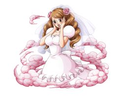 Rule 34 | 1girl, breasts, bridal veil, charlotte pudding, cleavage, dress, one piece, one piece treasure cruise, solo, tagme, transparent background, twintails, veil, wedding dress