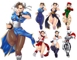 Rule 34 | 1girl, alternate costume, arika, beret, blair dame, blair dame (cosplay), bodysuit, bracelet, breasts, brown eyes, brown hair, bun cover, cammy white, cammy white (cosplay), camouflage, capcom, china dress, chinese clothes, chun-li, cleavage, cosplay, double bun, dress, fatal fury, fighting stance, fingerless gloves, folded fan, folding fan, gloves, hair bun, hand fan, hat, jewelry, judge martin, large breasts, leotard, pantyhose, pelvic curtain, sash, scarf, shiranui mai, shiranui mai (cosplay), short hair, simple background, skullomania, skullomania (cosplay), spiked bracelet, spikes, street fighter, street fighter ex (series), street fighter iv (series), street fighter zero (series), the king of fighters, thick thighs, thighhighs, thighs, thong leotard, unitard, white background, wide hips