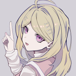 Rule 34 | 1girl, :d, absurdres, ahoge, akamatsu kaede, blonde hair, danganronpa (series), danganronpa v3: killing harmony, fortissimo, grey background, grey shirt, hair ornament, highres, index finger raised, jiabingkele, long sleeves, looking at viewer, looking back, musical note, musical note hair ornament, nail polish, open mouth, pink eyes, pink nails, pink sweater vest, shirt, simple background, smile, solo, sweater vest