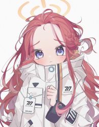 Rule 34 | 1girl, blue archive, blue eyes, bow, braid, forehead, hair bow, halo, highres, hood, hooded jacket, id card, jacket, long hair, long sleeves, looking at viewer, multicolored clothes, multicolored jacket, one side up, parted bangs, red hair, solo, urakichi55, white bow, white jacket, yuzu (blue archive)