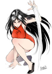 Rule 34 | 1girl, arm blade, black eyes, black footwear, black hair, breasts, butcha-u, commentary request, dress, full body, high heels, highres, kagari (ushio to tora), large breasts, legs, lipstick, long hair, makeup, on one knee, parted bangs, red dress, serious, short dress, shoulder tattoo, sketch, tattoo, taut clothes, taut dress, ushio to tora, very long hair, weapon, white background