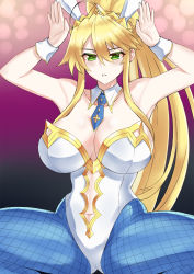 Rule 34 | 1girl, ahoge, animal ears, artoria pendragon (all), artoria pendragon (fate), artoria pendragon (swimsuit ruler) (fate), bare shoulders, blonde hair, blue pantyhose, blush, braid, breasts, cleavage, clothing cutout, detached collar, fate/grand order, fate (series), fishnet pantyhose, fishnets, french braid, green eyes, hair between eyes, highleg, highleg leotard, highres, large breasts, leotard, long hair, looking at viewer, navel, navel cutout, necktie, paid reward available, pantyhose, playboy bunny, ponytail, rabbit ears, sidelocks, solo, squatting, tiara, white leotard, wrist cuffs, zatsu