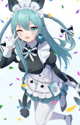 Rule 34 | 1girl, ;d, alternate costume, apron, aqua eyes, aqua hair, black dress, black footwear, black survival, bow, bowtie, braid, breasts, confetti, dress, emma hardy, enmaided, eternal return: black survival, frilled dress, frills, gloves, hair bow, hand up, highres, juliet sleeves, long hair, long sleeves, looking at viewer, maid, maid apron, maid headdress, medium breasts, minn (kangjm1107), one eye closed, open mouth, puffy sleeves, shoes, smile, solo, thighhighs, twin braids, v, white gloves, white thighhighs