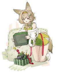 Rule 34 | 1girl, animal, arknights, beanstalk (arknights), beanstalk (gift uncompleted) (arknights), bell, box, braid, brown hair, crab, dress, gift, gift box, green dress, green hairband, hair ornament, hairband, hairclip, highres, hyena ears, hyena girl, hyena tail, kneeling, long hair, metal crab (arknights), neck bell, off-shoulder sweater, off shoulder, open mouth, pillow, red eyes, simple background, socks, solo, spaghetti strap, star (symbol), star hair ornament, sweater, thighs, truffletrefla, white background, white socks, white sweater