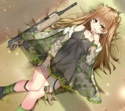 Rule 34 | 1girl, aizawa (aizawatsu), blush, bow, breasts, brown hair, camouflage, cleavage, closed mouth, collarbone, dog tags, girls&#039; frontline, green bow, green eyes, gun, hair bow, long hair, looking at viewer, lying, medium breasts, on back, rfb (girls&#039; frontline), sleeveless, smile, socks, solo, striped clothes, striped socks, tongue, tongue out, vertical-striped clothes, vertical-striped socks, weapon