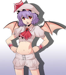 Rule 34 | 1girl, bat wings, blush, chuunioniika, flat chest, hands on own hips, hat, highres, midriff, navel, open mouth, puffy short sleeves, puffy sleeves, purple hair, red eyes, remilia scarlet, short hair, short sleeves, shorts, solo, touhou, wings, wrist cuffs