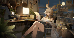 1girl absurdres animal_ears arknights bare_legs black_skirt book breasts brown_hair cleavage computer computer_keyboard crossed_legs desk dorothy_(arknights) fingerless_gloves gloves highres holding holding_paper indoors large_breasts legs long_hair miguan_pt mouse_ears mouse_girl night night_sky on_chair paper shirt sitting skirt sky solo too_many too_many_books white_shirt yellow_eyes