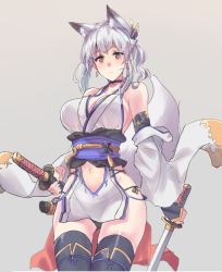 Rule 34 | 1girl, animal ear fluff, animal ears, bare shoulders, black panties, black thighhighs, blue choker, blue sash, blush, breasts, brown eyes, butterfly hair ornament, choker, cleavage, clothing cutout, collarbone, commentary request, detached sleeves, ear piercing, earrings, fox ears, fox girl, fox tail, grey background, hair ornament, holding, holding sword, holding weapon, japanese clothes, jewelry, large breasts, long hair, looking at viewer, navel, navel cutout, obi, original, panties, piercing, sash, sawaya (mizukazu), sheath, sheathed, silver hair, simple background, solo, stomach, sword, tail, thighhighs, underwear, weapon, wide sleeves