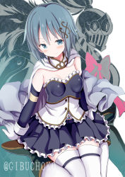 Rule 34 | 1girl, arm support, armor, bare shoulders, black skirt, blue eyes, blue hair, blush, bow, breastplate, breasts, cape, closed mouth, commentary request, detached sleeves, fortissimo, frilled shirt, frilled skirt, frills, givuchoko, gloves, green footwear, hair ornament, looking at viewer, mahou shoujo madoka magica, mahou shoujo madoka magica (anime), miki sayaka, miniskirt, musical note, musical note hair ornament, oktavia von seckendorff, pink bow, pleated skirt, shirt, shoes, short hair, sitting, skirt, small breasts, smile, solo, soul gem, spoilers, thighhighs, twitter username, wariza, white background, white cape, white gloves, white thighhighs, witch (madoka magica), zettai ryouiki