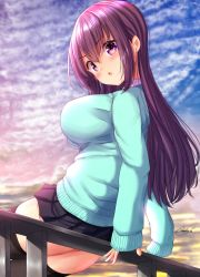 Rule 34 | 1girl, black skirt, black thighhighs, breasts, cardigan, cloud, collared shirt, commentary request, evening, green cardigan, highres, large breasts, long hair, looking at viewer, mokufuu, on railing, open mouth, original, outdoors, pleated skirt, purple eyes, purple hair, railing, school uniform, shirt, sidelocks, signature, sitting, skirt, sky, solo, thighhighs, thighs, white shirt
