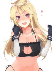 Rule 34 | 10s, 1girl, bare shoulders, blonde hair, blue eyes, blush, breasts, cat cutout, cat lingerie, cleavage, cleavage cutout, clothing cutout, curvy, gloves, heart, highres, iowa (kancolle), kantai collection, large breasts, long hair, looking at viewer, meme attire, midriff, navel, navel piercing, open mouth, panties, piercing, sakiryo kanna, shiny skin, side-tie panties, smile, solo, star-shaped pupils, star (symbol), symbol-shaped pupils, underwear, underwear only, wide hips