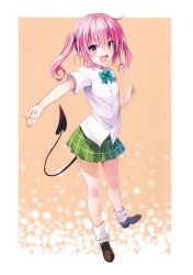Rule 34 | 10s, 1girl, :d, absurdres, bow, bowtie, demon tail, fang, highres, loafers, looking at viewer, loose socks, nana asta deviluke, open mouth, outstretched hand, pink hair, plaid, plaid skirt, pleated skirt, purple eyes, school uniform, shirt, shoes, short sleeves, skirt, smile, socks, solo, tail, to love-ru, to love-ru darkness, twintails, white shirt, yabuki kentarou