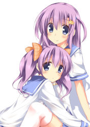 Rule 34 | 2girls, aoi (kue), blue eyes, blush, hair ornament, hisae (hisae collect), long hair, looking at viewer, multiple girls, original, pink legwear, purple hair, school uniform, short ponytail, side ponytail, simple background, smile, star (symbol), thighhighs, twintails, white background