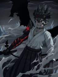 Rule 34 | 1boy, absurdres, asta (black clover), black bulls (emblem), black clover, black hairband, black horns, black wings, body markings, cross-shaped pupils, demon boy, demon horns, demon tail, demon wings, facial mark, grey hair, hairband, highres, holding, holding sword, holding weapon, horns, japanese clothes, male focus, open mouth, prayudi555, red eyes, short hair, solo, spiked hair, sword, symbol-shaped pupils, tail, weapon, wings