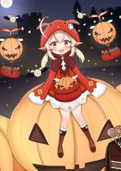 Rule 34 | 1girl, :d, absurdres, ahoge, animal ears, animal hood, backpack, bag, blush, boots, brown footwear, candy, cape, commentary request, dress, fake animal ears, food, full moon, genshin impact, hair between eyes, highres, hood, hood up, hooded cape, jack-o&#039;-lantern, jiu (sdesd3205), klee (genshin impact), light brown hair, lollipop, long hair, looking at viewer, low twintails, moon, open mouth, pointy ears, red cape, red dress, red eyes, ribbed legwear, sitting, smile, socks, solo, swirl lollipop, teeth, twintails, upper teeth only, white socks
