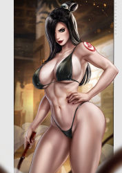 Rule 34 | 1girl, abs, avatar: the last airbender, avatar legends, bare shoulders, bikini, black bikini, black hair, breasts, brown eyes, collarbone, dandon fuga, fog, hair over one eye, highres, june (avatar), large breasts, light smile, long hair, looking at viewer, nail polish, navel, red lips, red nails, solo, swimsuit, tattoo, thick thighs, thighs, whip