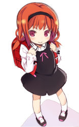 Rule 34 | &gt;:), 1girl, backpack, bag, black dress, black footwear, black hairband, closed mouth, collared shirt, dress, full body, hair tie, hairband, holding, juliet sleeves, kurasuke, long sleeves, looking at viewer, low twintails, orange hair, original, pink ribbon, puffy sleeves, randoseru, red eyes, ribbon, school uniform, shirt, shoes, short twintails, simple background, sketch, smile, socks, solo, standing, twintails, v-shaped eyebrows, white background, white shirt, white socks