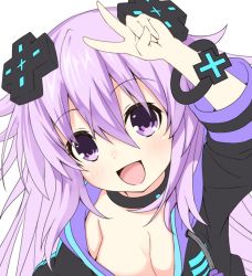 Rule 34 | 1girl, adult neptune, black collar, blush, breasts, cleavage, collar, d-pad, hair between eyes, hair ornament, hood, hooded track jacket, jacket, long hair, long sleeves, looking at viewer, matokechi, neptune (series), no bra, open mouth, purple eyes, purple hair, shin jigen game neptune vii, sidelocks, simple background, smile, solo, track jacket, unfinished, v, white background